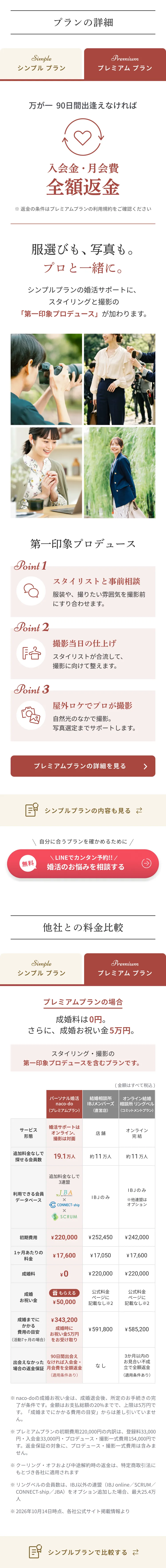 プランの詳細 プレミアムプラン 第一印象プロデュース 服選びも、写真も。プロと一緒に。 他社との料金比較