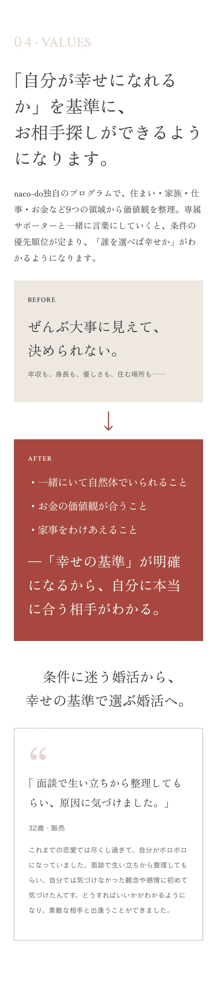 04 · VALUES 「自分が幸せになれるか」を基準に、お相手探しができるようになります。naco-do独自のプログラムで、住まい・家族・仕事・お金など9つの領域から価値観を整理。専属サポーターと一緒に言葉にしていくと、条件の優先順位が定まり、「誰を選べば幸せか」がわかるようになります。BEFORE「ぜんぶ大事に見えて、決められない。年収も、身長も、優しさも、住む場所も……」AFTER「自分にとって本当に大切なのは『お互いの仕事を応援し合えること』だとわかり、迷わなくなりました。」