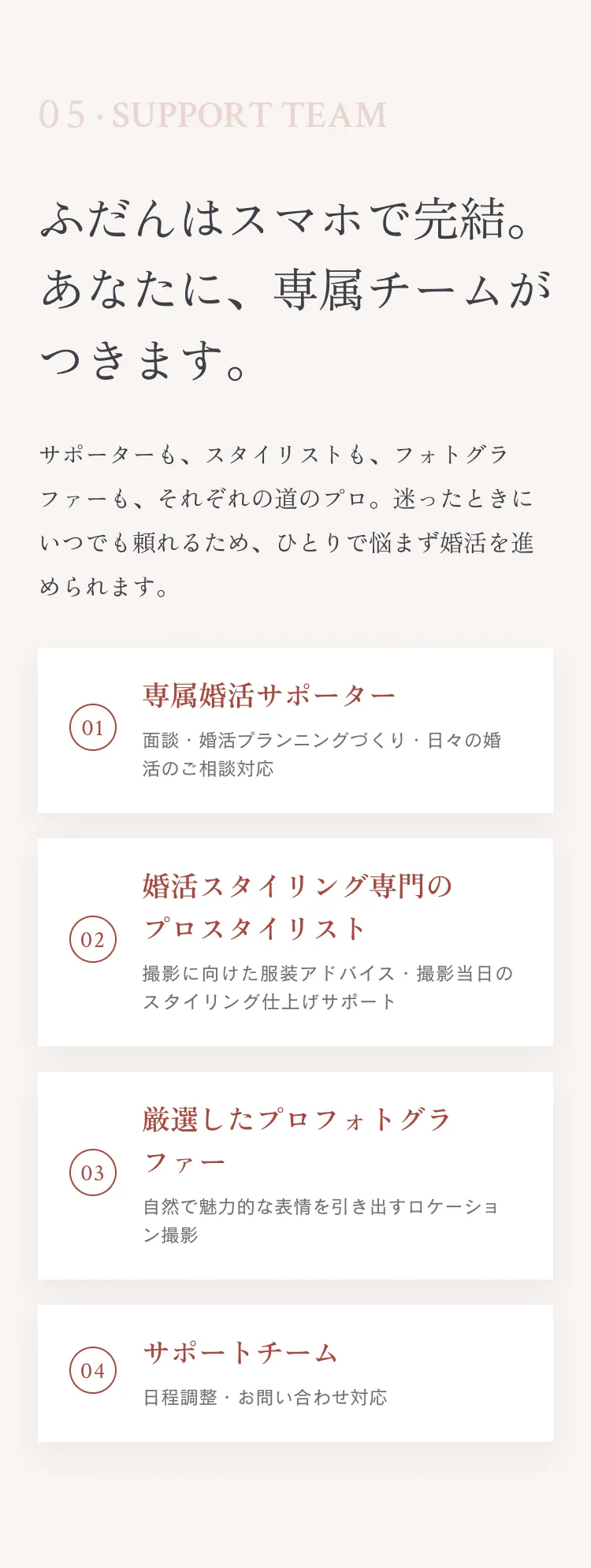 05 · SUPPORT TEAM ふだんはスマホで完結。あなたに、専属チームがつきます。サポーターも、スタイリストも、フォトグラファーも、それぞれの道のプロ。迷ったときにいつでも頼れるため、ひとりで悩まず婚活を進められます。01 専属婚活サポーター（面談・婚活プランニングづくり・日々の婚活のご相談対応）、02 婚活スタイリング専門のプロスタイリスト（撮影に向けた服装アドバイス・撮影当日のスタイリング）、03 婚活専門のフォトグラファー（ロケーション撮影・ベストな表情を引き出す撮影）